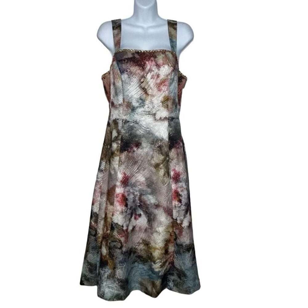 Tahari ASL Printed Metallic Jacquard Midi Dress Size 12 New with Tags